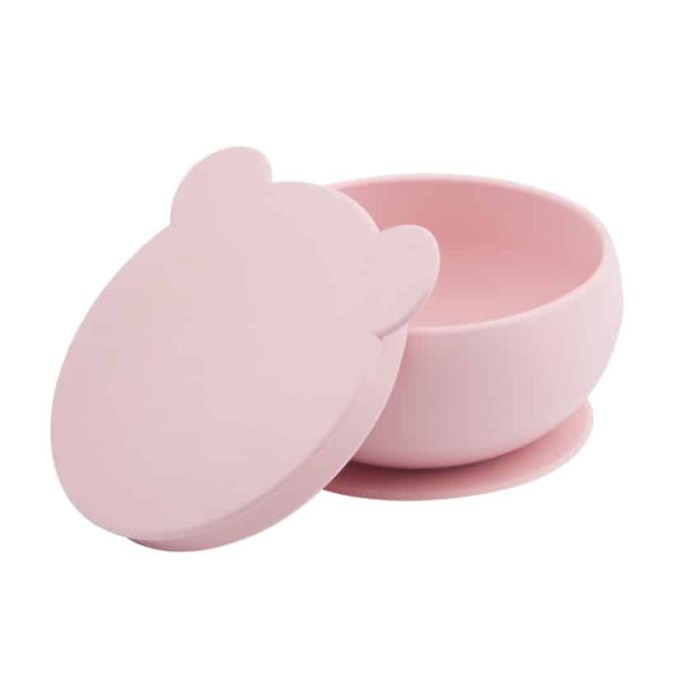 Μπολ φαγητού από σιλικόνη με βεντούζα και καπάκι σε ροζ χρώμα